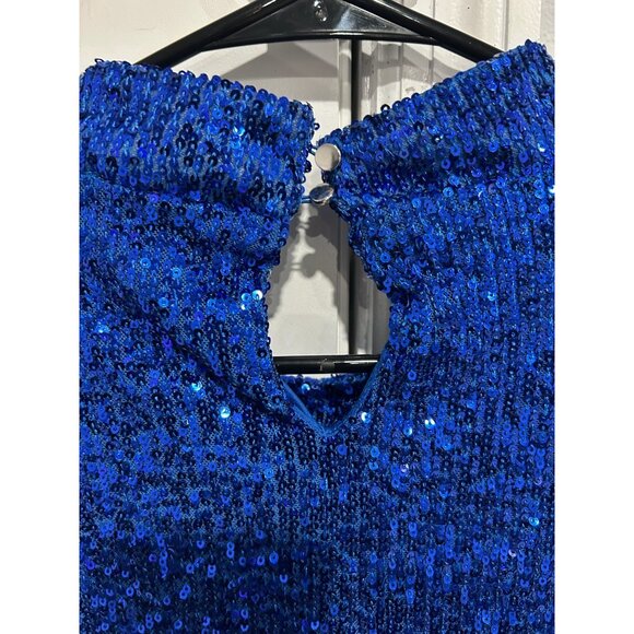 Cable & Gauge Blue Sequin Sleeveless Top High Neckline Keyhole Back Sz Large - Picture 5 of 9